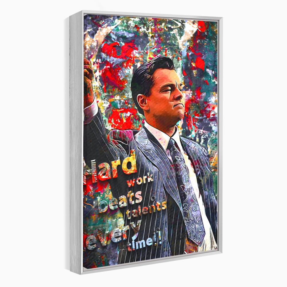 Tablou canvas cu tablou canvas cu leonardo dicaprio si mesaj motivational, in rama de aluminiu argintiu
